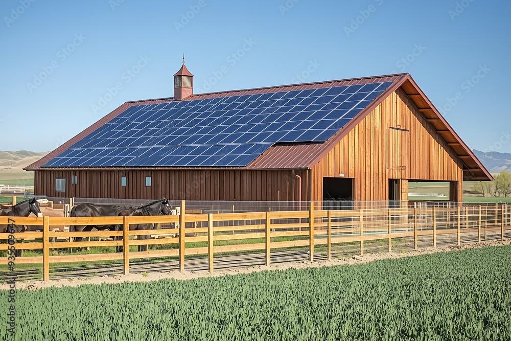Solar-powered barn on a sunny day with grazing horses in a rural landscape