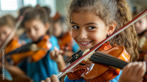Wallpaper Mural Full of joy. Cheerful content little girl holding fiddle bow and violin while learning to play Torontodigital.ca