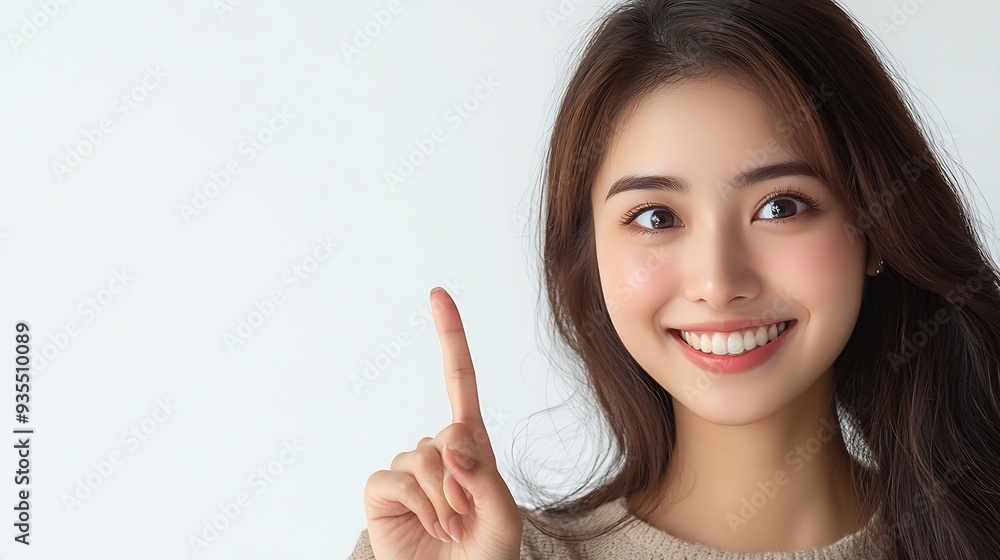 Asian Smiling woman pointing finger to the side isolated on white background with copy space : Generative AI Asian Smiling woman pointing finger to the side isolated on white background with copy space : Generative AI