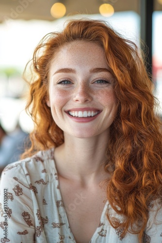 A Young Woman With Curly Red Hair Smiling in a Café Setting