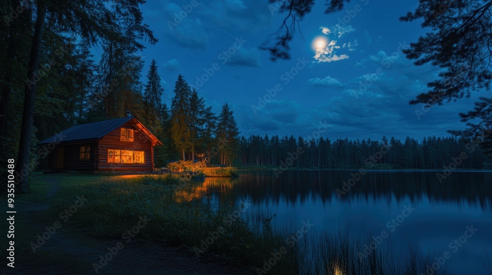 Fototapeta premium A cabin sits on a lake at night with the moon shining, AI
