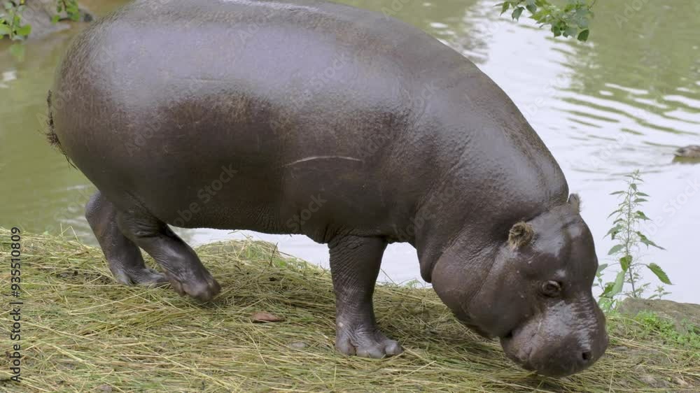 A pygmy hippopotamus (Choeropsis liberiensis) grazing in the grass. Cabarceno Nature Park. Cantabria, Spain. 4K. A pygmy hippopotamus (Choeropsis liberiensis) grazing in the grass. Cabarceno Nature Park. Cantabria, Spain. 4K.
