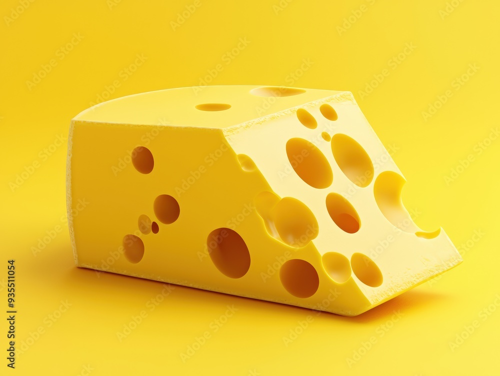 A Single Slice of Swiss Cheese with Large Holes on a Yellow Background, Rendered in 3D A Single Slice of Swiss Cheese with Large Holes on a Yellow Background, Rendered in 3D