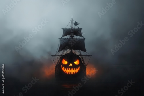 Ghost pirate ship emerging from fog, glowing jack-o'-lanterns on deck, Watercolor style photo