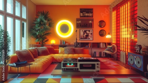 Retro living space with bold geometric rugs, neon lights, and a vintage cassette player..