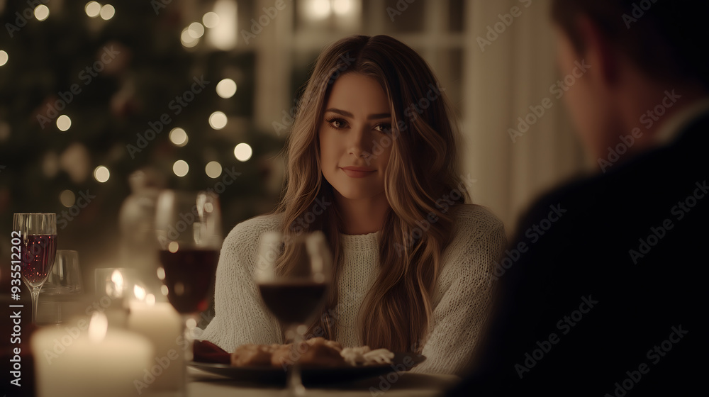 Photorealistic Holiday Dinner at Home: Woman in White Drop Stitch Sweater, Black Blazer, and Velvet Jeans with Husband Photorealistic Holiday Dinner at Home: Woman in White Drop Stitch Sweater, Black Blazer, and Velvet Jeans with Husband