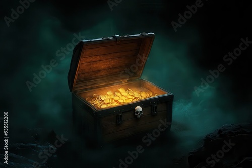 Pirate captain s ghostly reflection in glowing treasure chest, haunted shipwreck background, Watercolor style photo