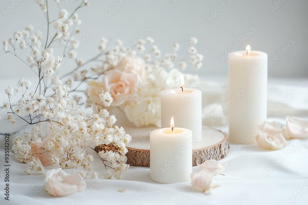Candles and flowers on white background, tranquil and soft. Candles and flowers on white background, tranquil and soft.