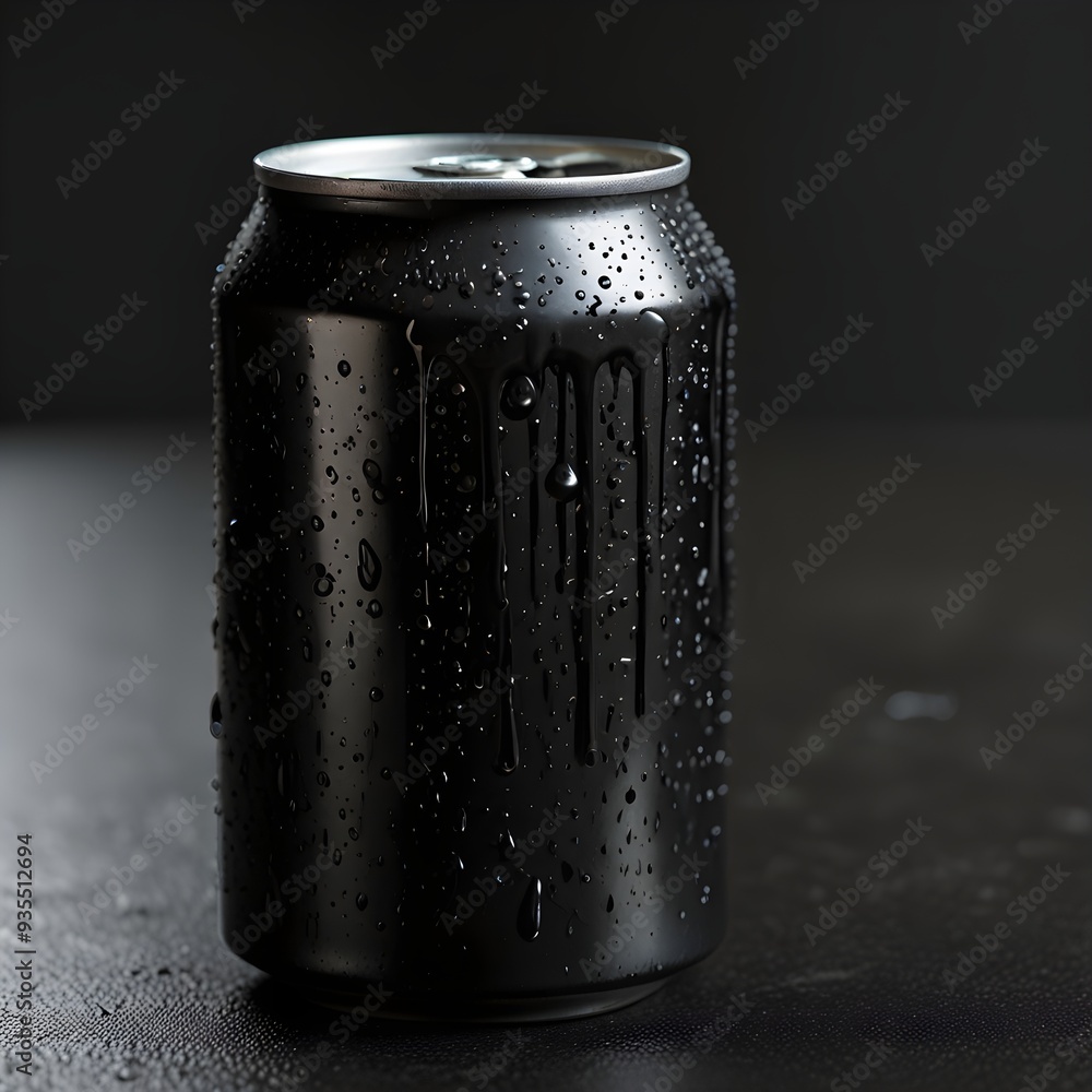 A 330 ml black soda can adorned with water droplets arranged in a whimsical, magical pattern A 330 ml black soda can adorned with water droplets arranged in a whimsical, magical pattern
