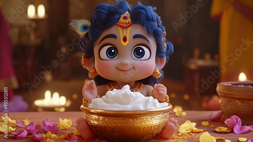 Krishna Janmashtami, Little Krishna with a pot filled with white butter	 photo