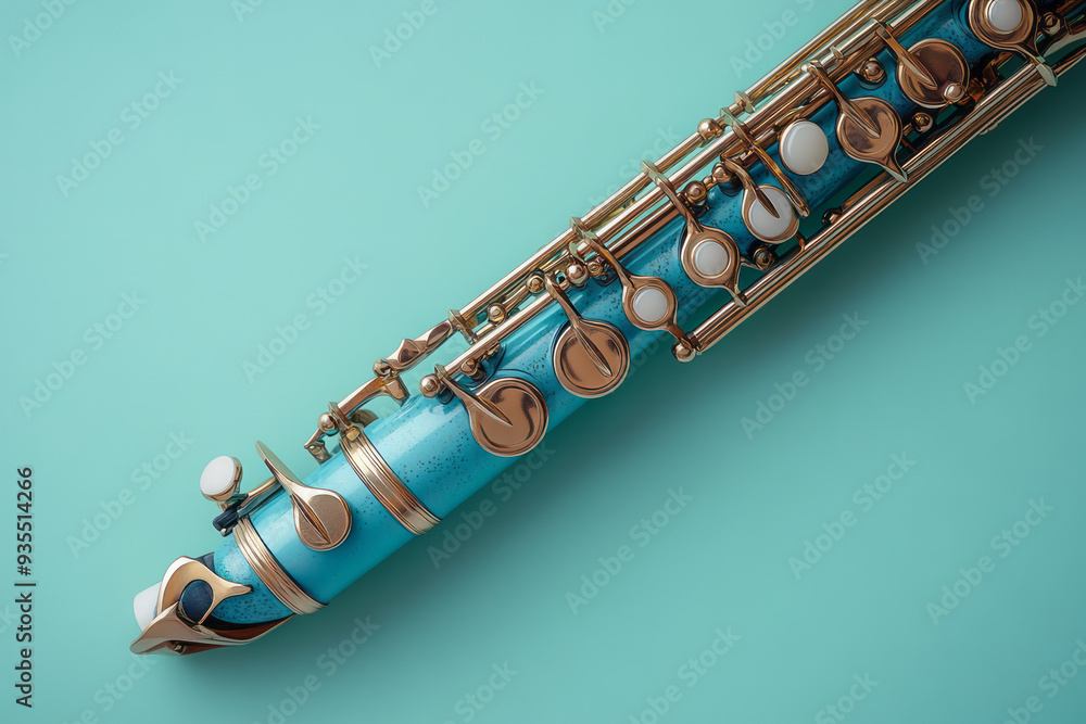Fototapeta premium A polished clarinet, isolated on a pastel green background, capturing the rich tones of woodwind instruments,