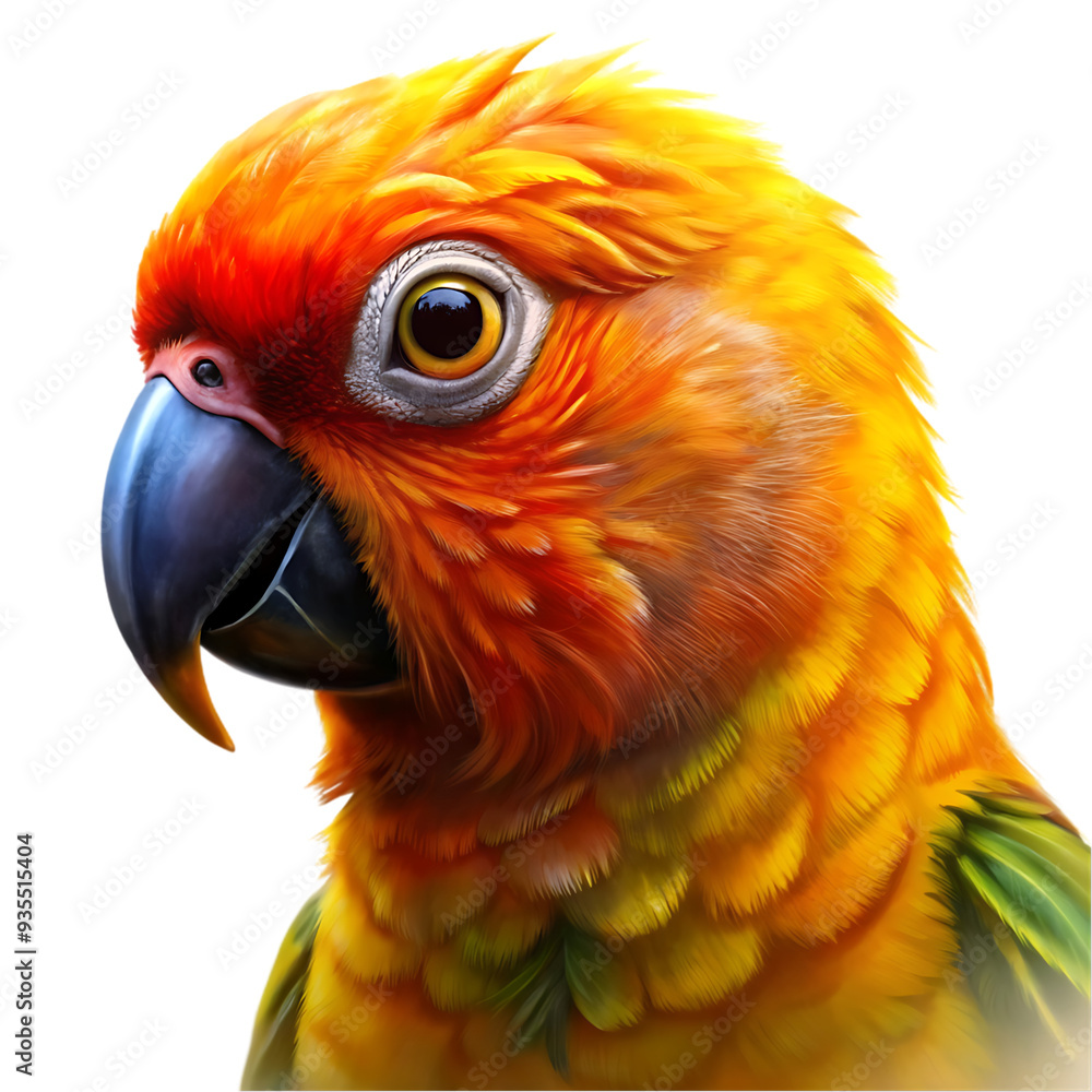Fototapeta premium Close-Up Head Shot of a Colorful Sun Conure Parrot on White Background Ideal for Bird and Wildlife Photograph