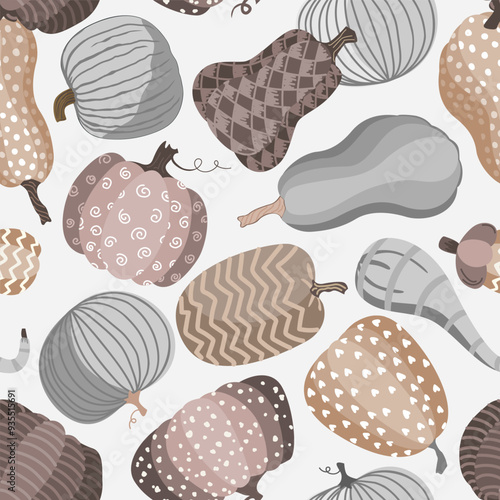 Cute doodle painted pumpkins seamless pattern. Halloween, Autumn, or Thanksgiving day harvest background. Elegant pastel palette. Vector illustration