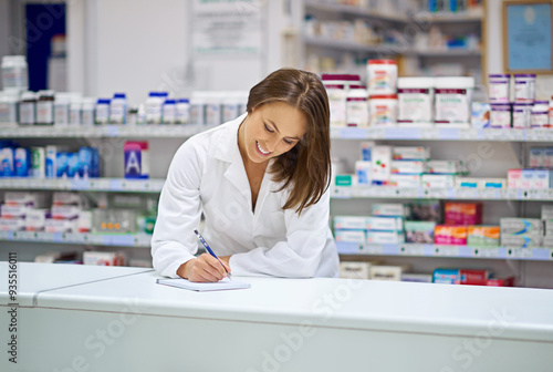 Free Download Woman, pharmacist and smile at counter with writing, prescription order and planning in pharmacy. Specialist, chemist and notepad with pen for medical information, report and inventory management - GFXLoad