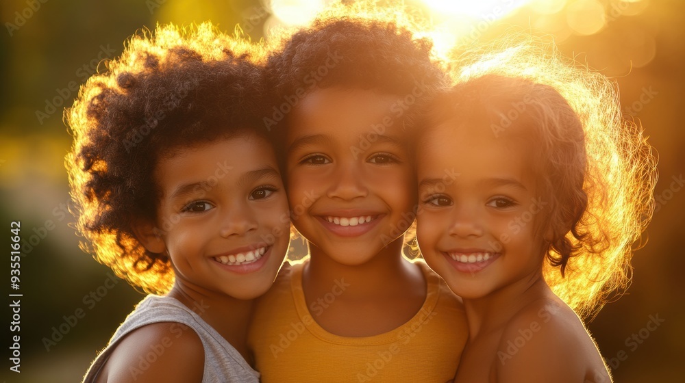 Three young children are smiling for the camera in a field, AI Three young children are smiling for the camera in a field, AI