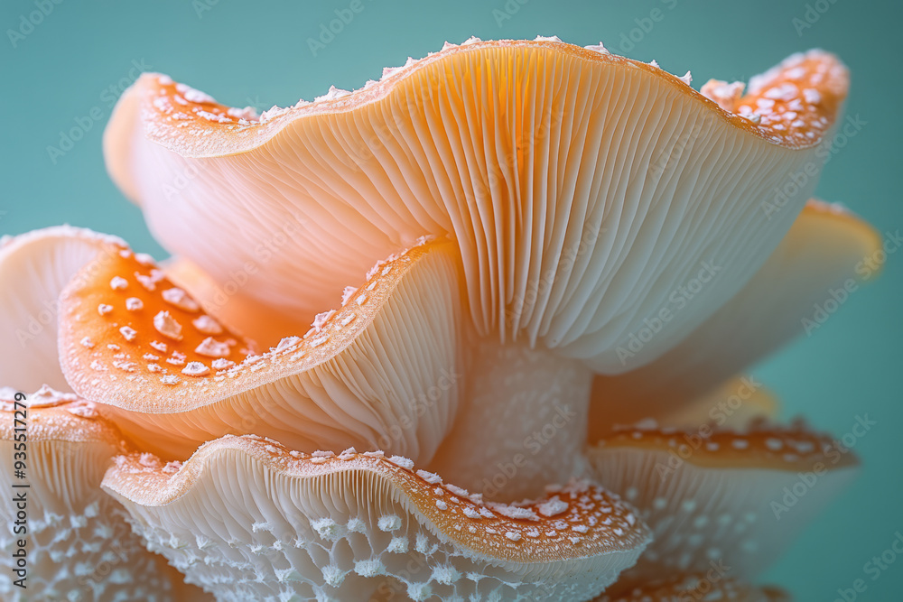A close-up of a mushroom's gills, isolated on a pastel green background, symbolizing the intricate details of fungi. A close-up of a mushroom's gills, isolated on a pastel green background, symbolizing the intricate details of fungi.