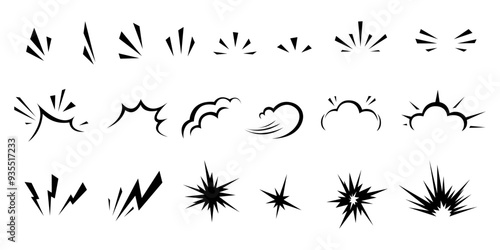 Set of comic manga hand drawn line elements for character graphic movement effects emotion. Doodle shine sunburst sparkle ray, flash, exploding shapes in pop art retro style vector illustration