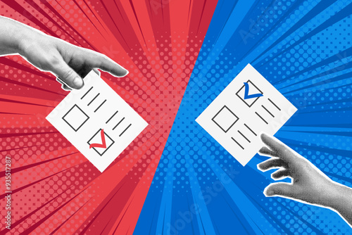 Fight versus pop art comic red blue  background with halftone, rays, hands holding paper. Vector cartoon illustration in retro style. Design for comic book, poster, banner, competition