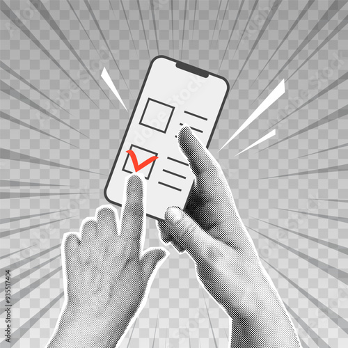 Collage with halftone hands holding phone and online election,  pushing voting button. Modern vector pop art retro style illustration. Design element for infographic, poster, website, greeting card
