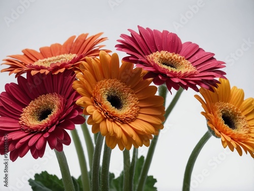 A close-up portrait of vibrant Gerbera daisies arranged elegantly against a plain background photo