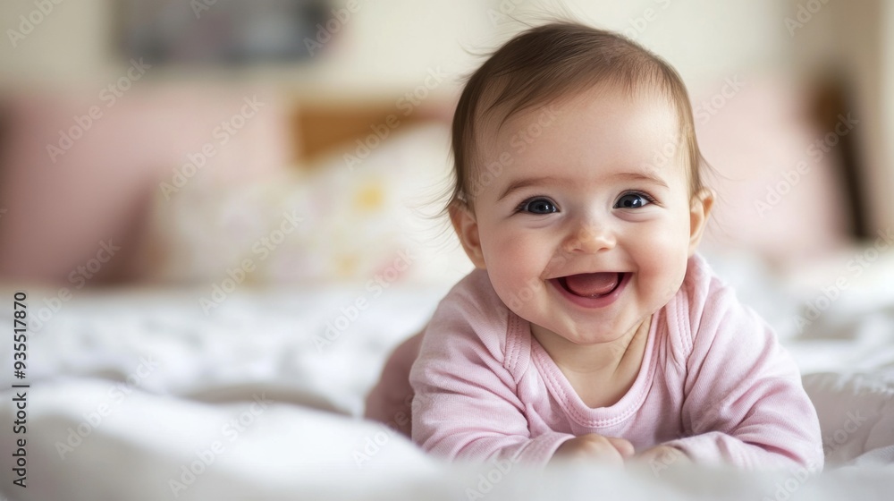 A baby smiling while laying on a bed in pink, AI A baby smiling while laying on a bed in pink, AI