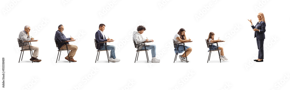 Full length profile shot of a female teacher holding books and talking to students Full length profile shot of a female teacher holding books and talking to students