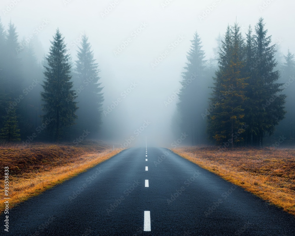 Fototapeta premium A winding road through a misty forest with tall pine trees lining the path.