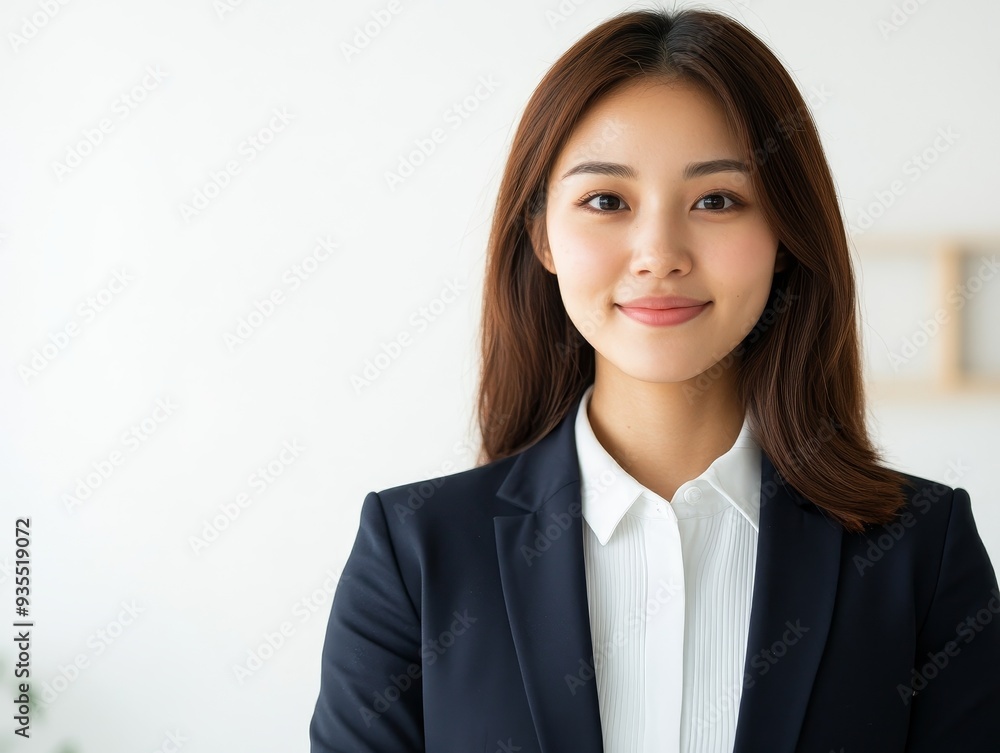 A young Asian businesswoman in a suit smiling confidently. A young Asian businesswoman in a suit smiling confidently.