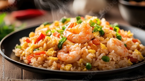 Steaming shrimp fried rice with vegetables served on a black plate.