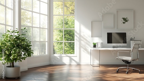 a home office with white walls and wood flooring the room is well lit by natural light from the windows : Generative AI