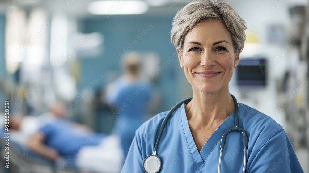 Fototapeta premium Smiling female nurse in scrubs with stethoscope in hospital setting. She looks confidently at the camera, with a patient in the background.