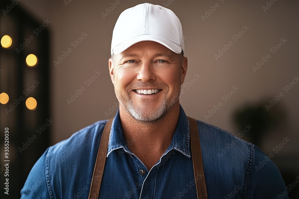 A cheerful middle-aged worker in clean overalls exudes warmth and positivity in a softly lit environment, perfect for showcasing dedication and passion in trades A cheerful middle-aged worker in clean overalls exudes warmth and positivity in a softly lit environment, perfect for showcasing dedication and passion in trades