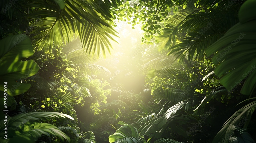 59. 3D depiction of a lush rainforest canopy with intricate foliage and sunlight filtering through, set against a clear background 59. 3D depiction of a lush rainforest canopy with intricate foliage and sunlight filtering through, set against a clear background