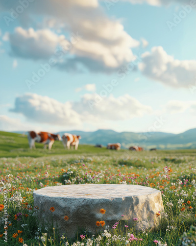 Stone podium against blurry background. Green field with spotted cows. Cloudy sky