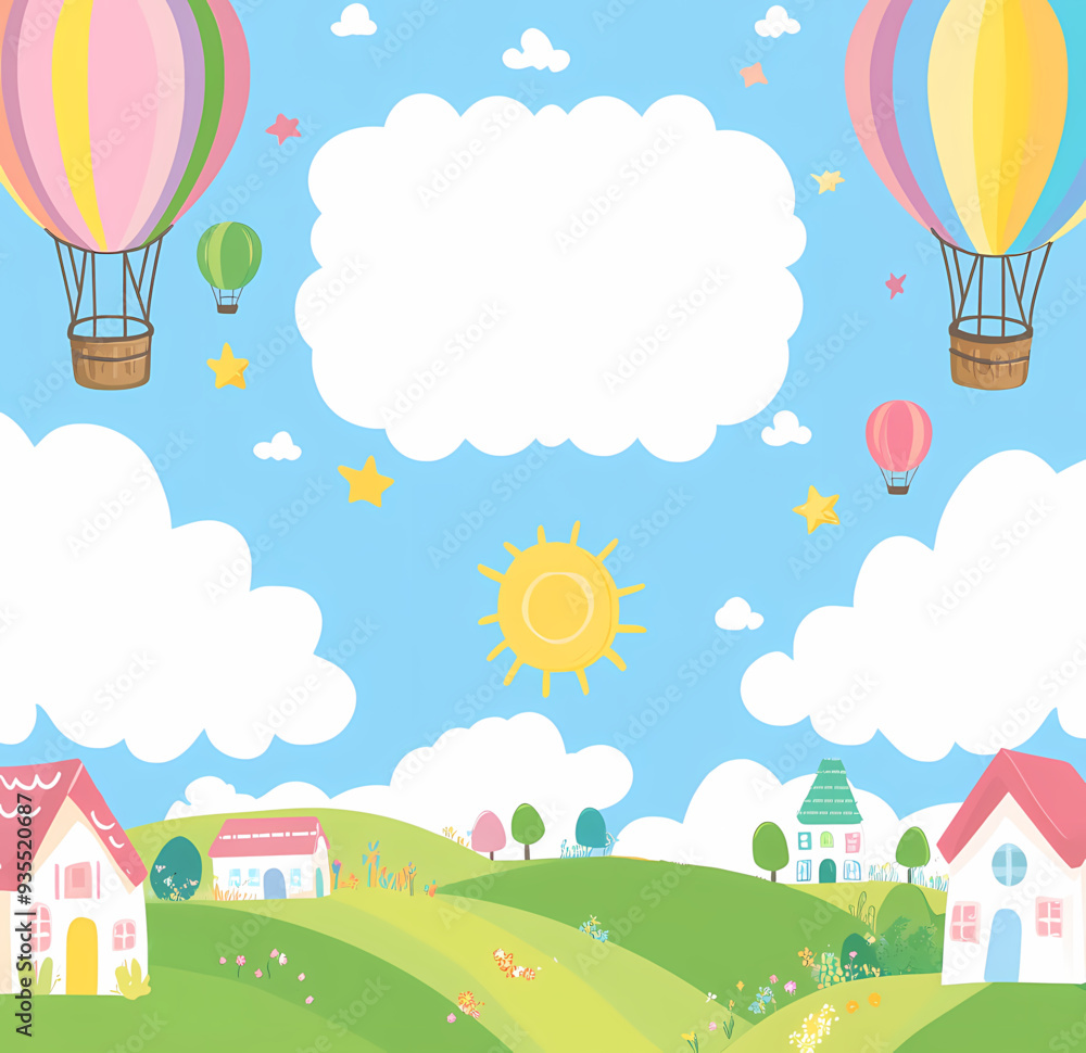 cheerful children's illustration with hot air balloons, clouds, sun featuring bright colors, quaint houses, and a large blank space in the middle for text. perfect for invitations or announcements cheerful children's illustration with hot air balloons, clouds, sun featuring bright colors, quaint houses, and a large blank space in the middle for text. perfect for invitations or announcements