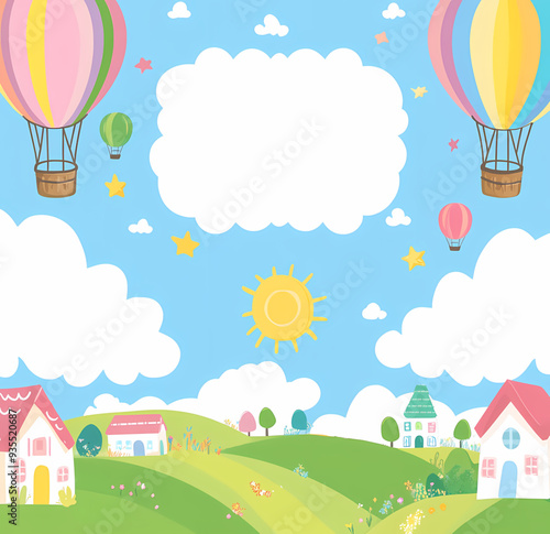 cheerful children's illustration with hot air balloons, clouds, sun featuring bright colors, quaint houses, and a large blank space in the middle for text. perfect for invitations or announcements
