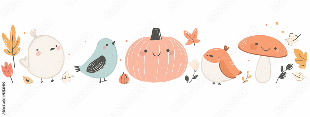 Fototapeta premium Whimsical Autumn Illustration of a Cheerful Pumpkin with Playful Birds and Mushrooms, Featuring Cozy Fall Leaves and a Warm Color Palette in a Cartoonish Style