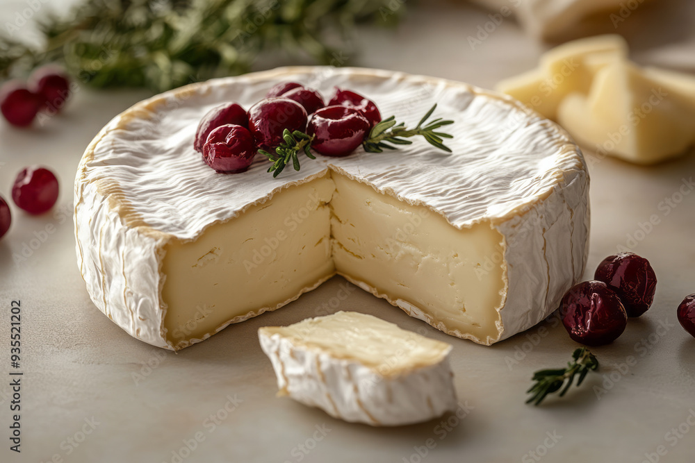 A brie wheel with a slice removed, isolated on a pastel beige background, symbolizing soft cheese varieties, A brie wheel with a slice removed, isolated on a pastel beige background, symbolizing soft cheese varieties,
