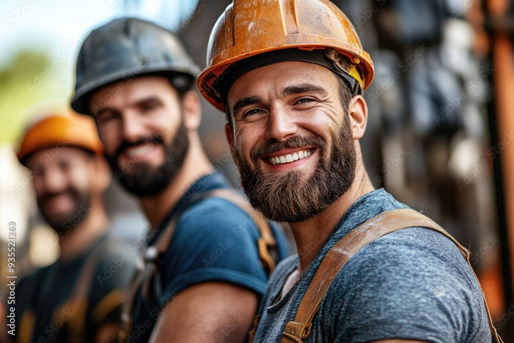 A confident group of construction workers smiles brightly at their small site, showcasing teamwork and dedication amid equipment and tools during a sunny day A confident group of construction workers smiles brightly at their small site, showcasing teamwork and dedication amid equipment and tools during a sunny day
