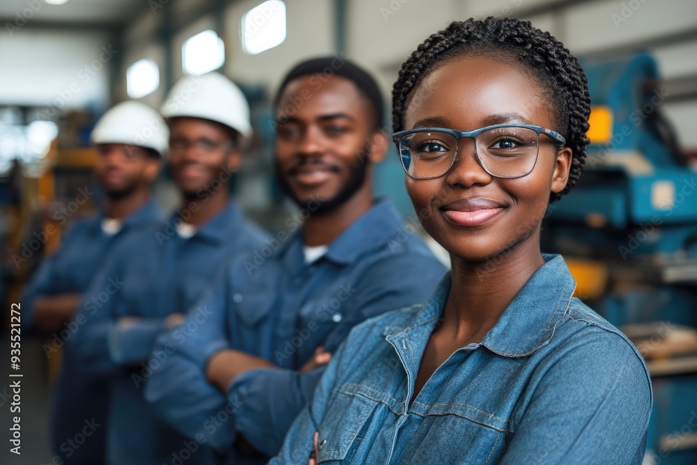 Fototapeta premium Cheerful teamwork among construction workers at a busy site showcasing collaboration and camaraderie in a vibrant work environment under bright lighting