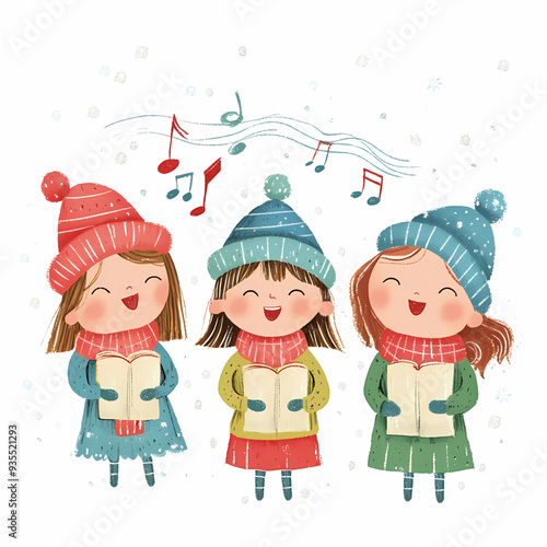 Festive Christmas Illustration of Children Singing Carols with Winter Clothing, Snowflakes - Capturing the Joyful Spirit of the Holiday Season