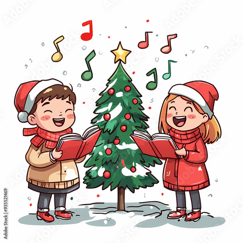Festive Christmas Illustration of Children Singing Carols with Winter Clothing, Snowflakes, and a Christmas Tree, Capturing the Joyful Spirit of the Holiday Season