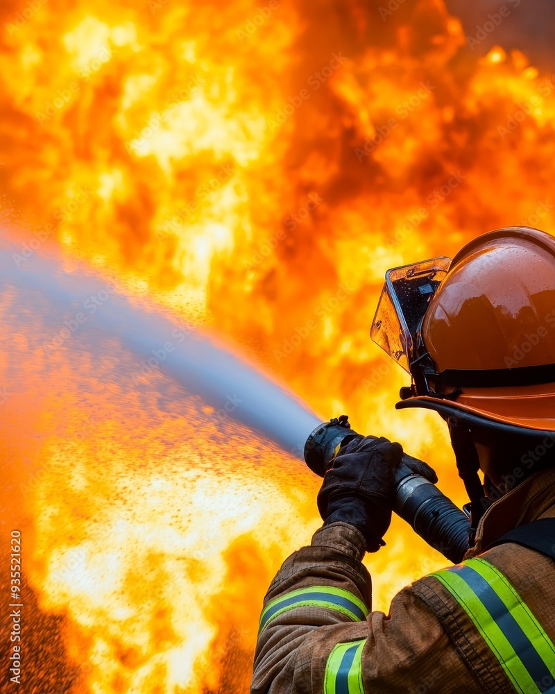 A firefighter using a fire hose to battle a large blaze, with water spraying into the flames. A firefighter using a fire hose to battle a large blaze, with water spraying into the flames.