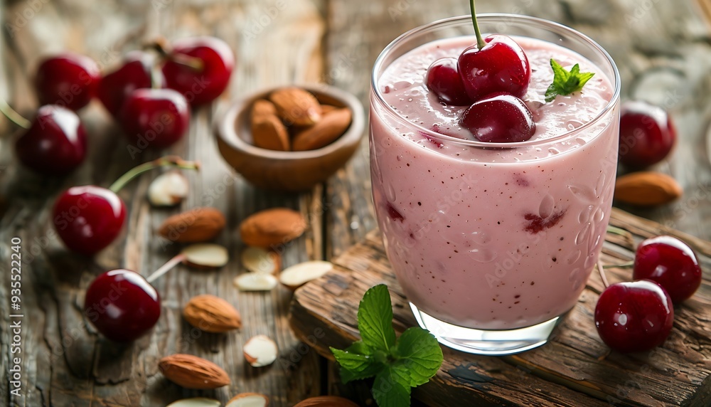 Glass of tasty cherry smoothie on wooden table Glass of tasty cherry smoothie on wooden table