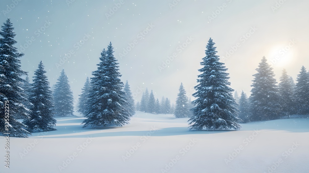 61. Stunning 3D render of a peaceful winter landscape with snow-covered trees and a soft snowfall, set against a pristine background 61. Stunning 3D render of a peaceful winter landscape with snow-covered trees and a soft snowfall, set against a pristine background