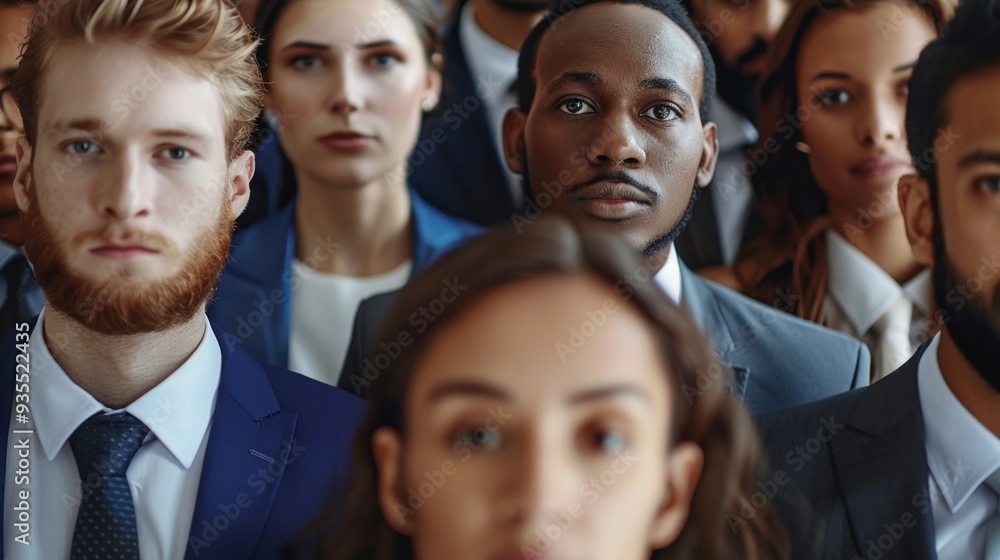 Obraz premium A diverse group of professionals stands attentively during a seminar in a stylish conference hall, showcasing various expressions of interest and engagement