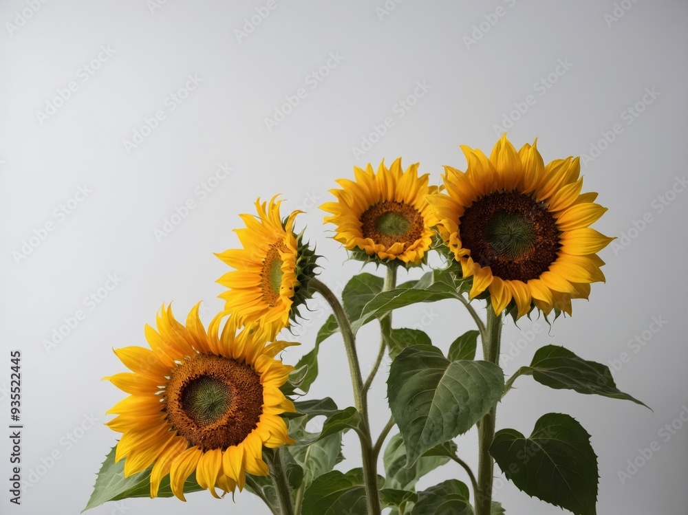 A meticulously composed photograph featuring a cluster of vibrant sunflowers against a neutral background A meticulously composed photograph featuring a cluster of vibrant sunflowers against a neutral background