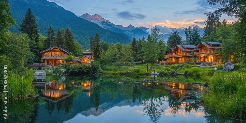 Fototapeta premium Wooden cabins by a reflective lake in a forest.