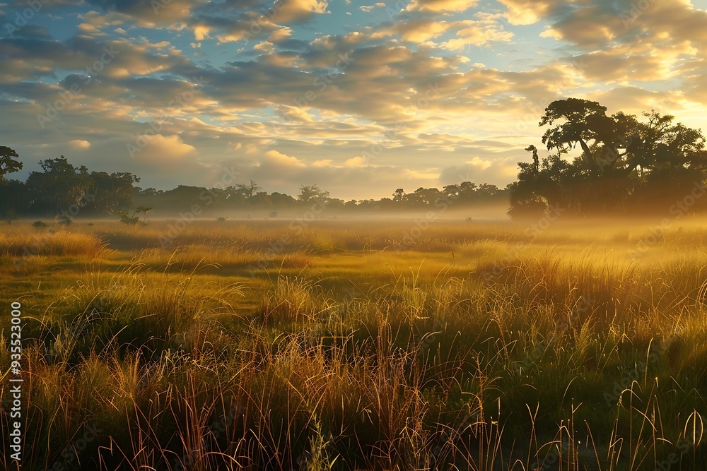 Fototapeta premium Beautiful sunrise over a meadow with trees
