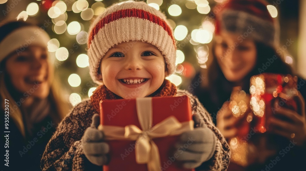 A young child with a red gift box in front of two women, AI A young child with a red gift box in front of two women, AI